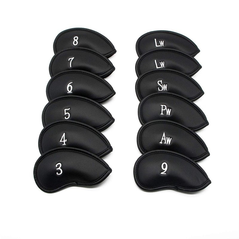 12pcs Golf Iron Head Covers - Thick Synthetic Leather Golf Club Headcover Set Fit All Brands by KUWAN (Black)