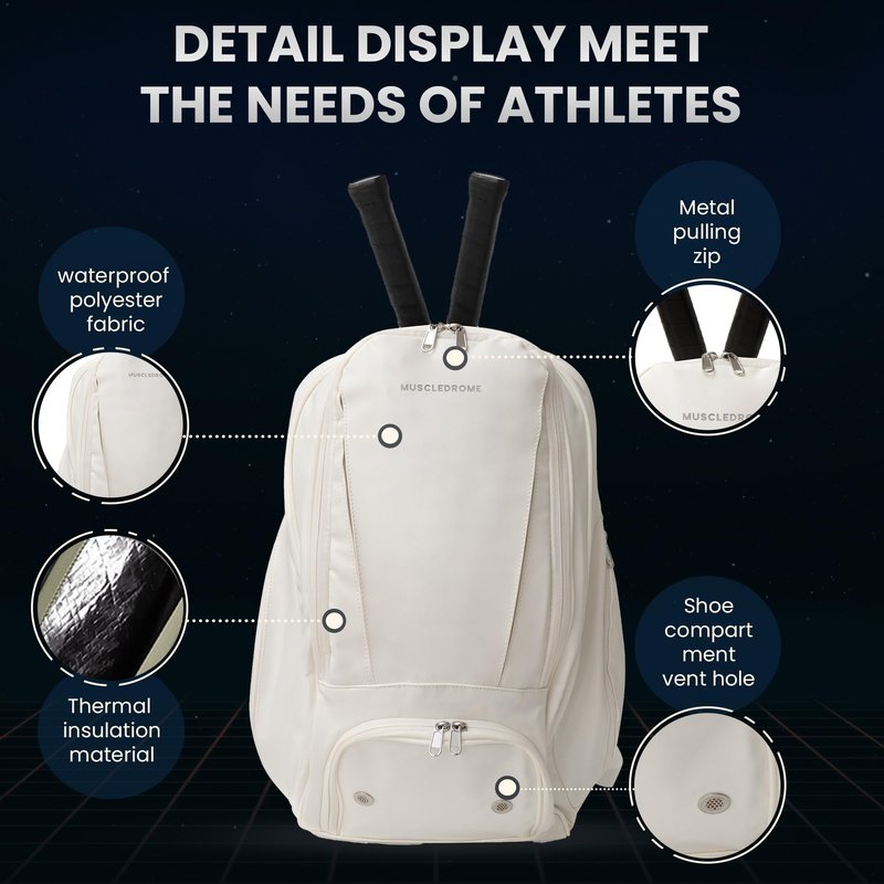 Pickleball Bag for Men and Women, Large 38L Tennis and Pickleball Backpack with Shoe Compartment, Durable Padel Bag with Spacious Storage for Paddles, Balls, Bottle, Towel, Clothes & Laptop (White)