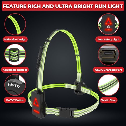 LUMEFIT Running Lights - Adjustable LED Chest Light for Night Safety | Yellow Reflective Vest Included