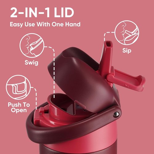 Fijinhom Insulated Water Bottle - 18 oz Stainless Steel with 2-in-1 Straw & Push-Button Lid | Red, BPA-Free