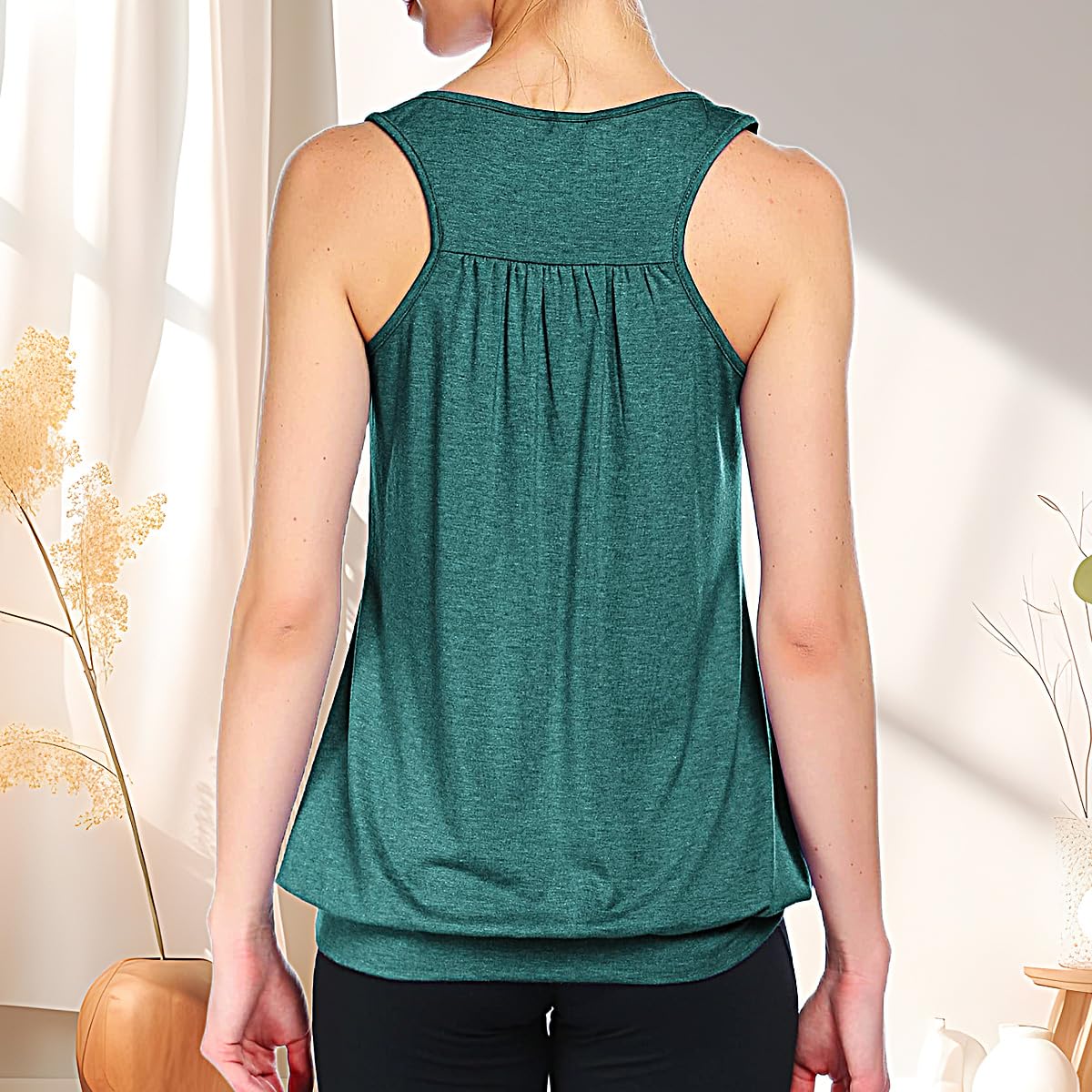 YOFIBRANT Long Tank Tops for Women Tummy Coverage Tops for Woman Pilates Round Collar Sleeveless Tanks Shirts Banded Bottom Loose Blouse for Petite Sports Clothing Green Medium