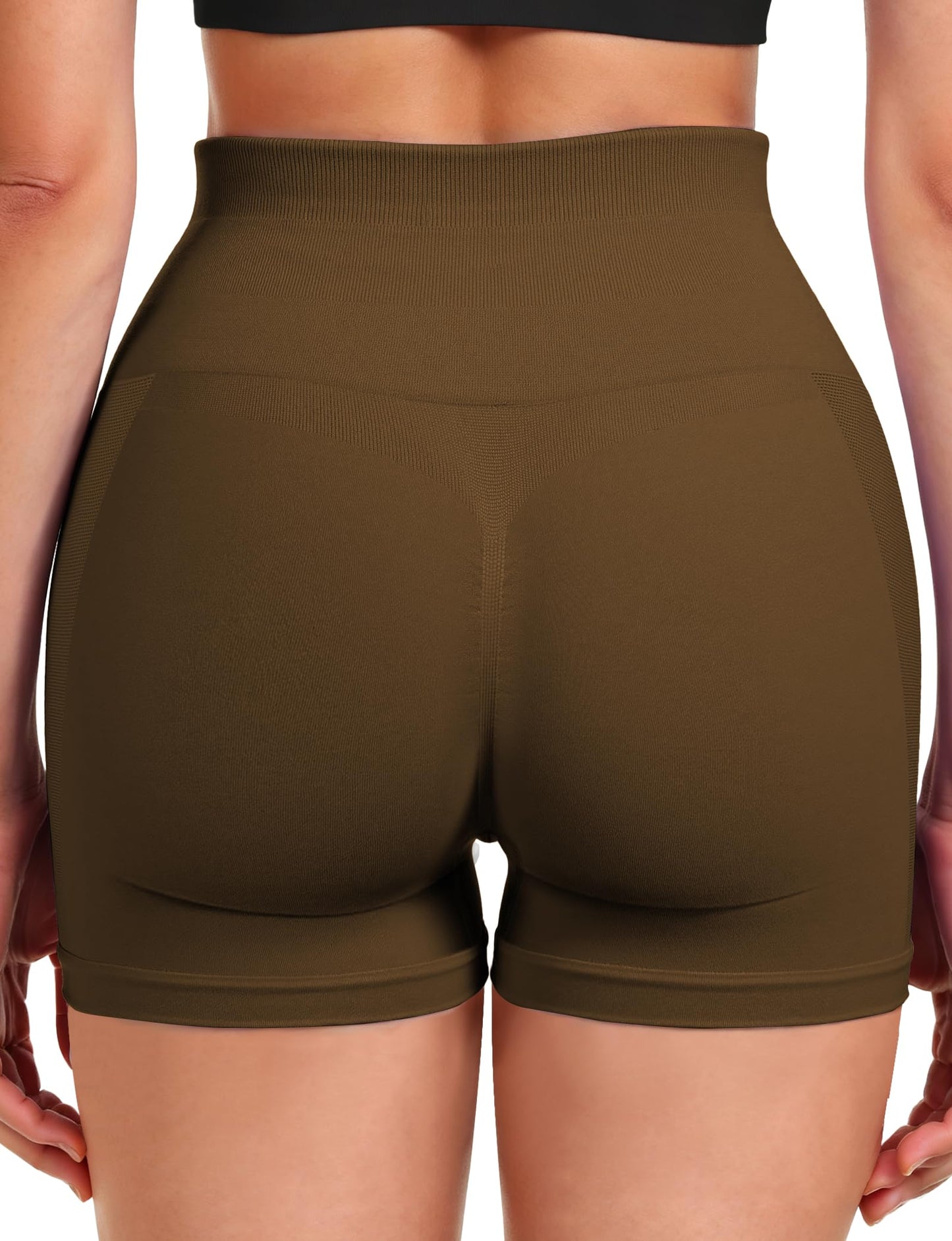 Buauty Women's 3.6 Inch Booty Shorts, High Waisted Seamless Scrunch Butt Gym Workout Shorts with Tummy Control, Squat Proof Stretch for Yoga, Pilates, Fitness and Daily Wear Coffee