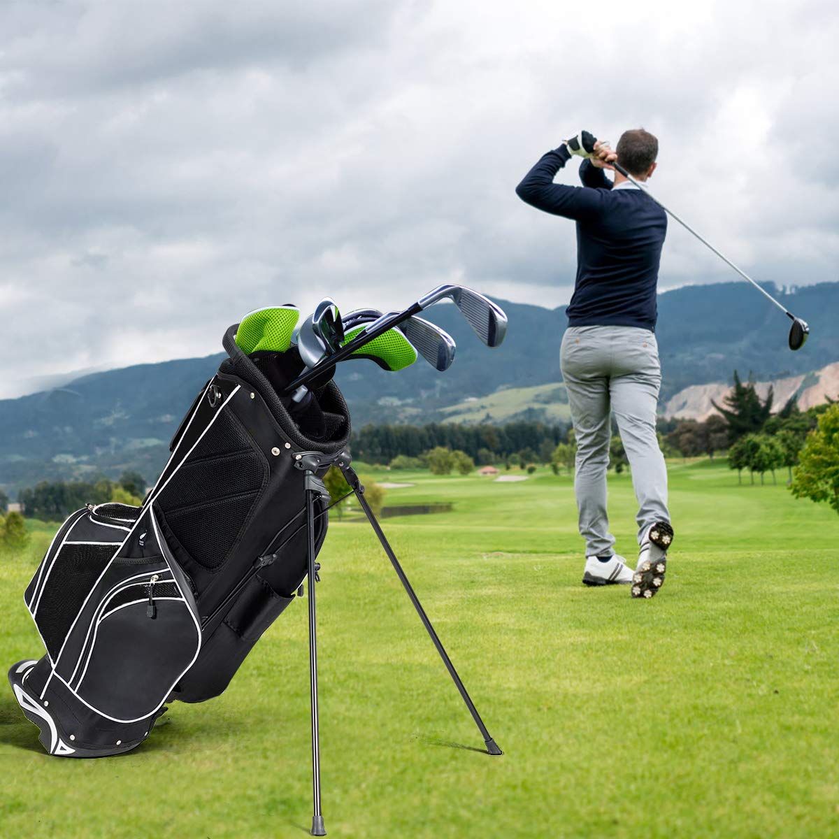 Renatone Golf Stand Bag, Lightweight Organized Golf Bag w/ 6 Way Dividers, 7 Pockets & Padded Dual Straps, Easy to Carry Golf Club Bag for Men & Woman (Black)
