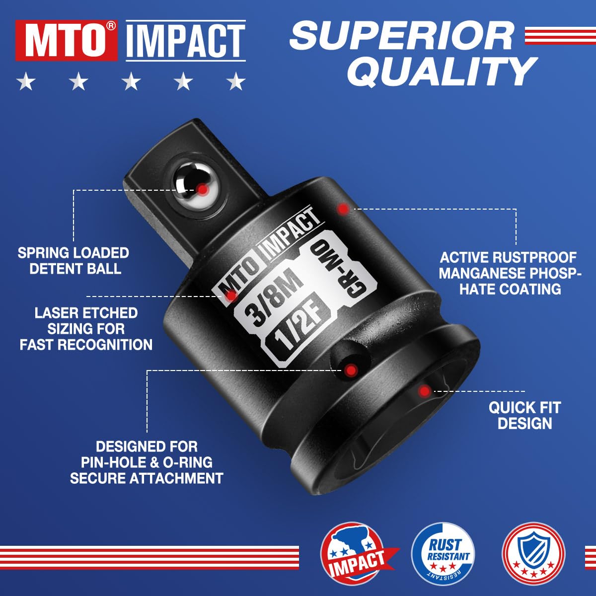 MTO 2-Piece Impact Socket Adapter and Reducer Set, 1/2" Female to 3/8" Male Reducer, 3/8” Female to 1/2” Male Adapter, Chrome Molybdenum Alloy Steel
