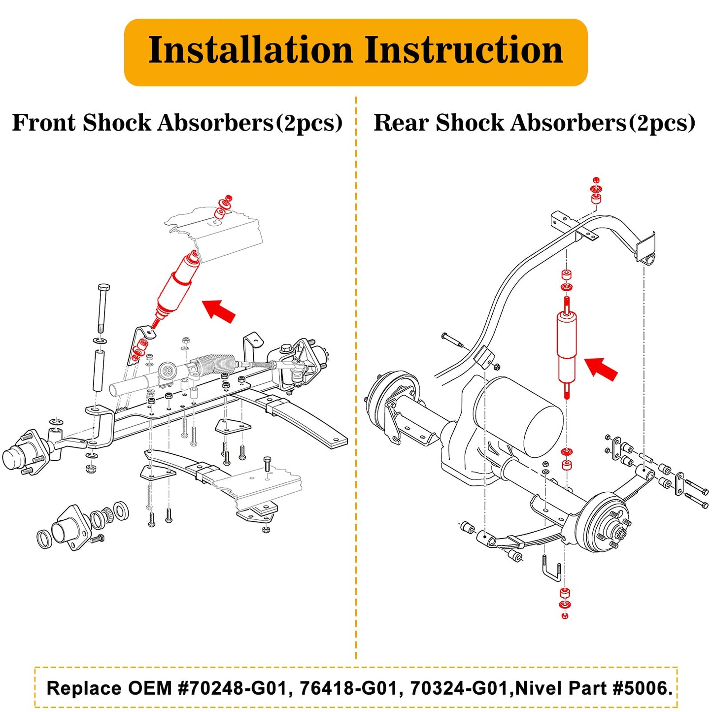EZGO TXT Shocks EZGO Golf Cart Front and Rear Shock Absorbers Fit for 1994-Up Gas and Electric Medalist EZGO TXT Golf Carts Replaces OEM #70248-G01, 76418-G01, 70324-G01,Nivel Part #5006（4PCS）