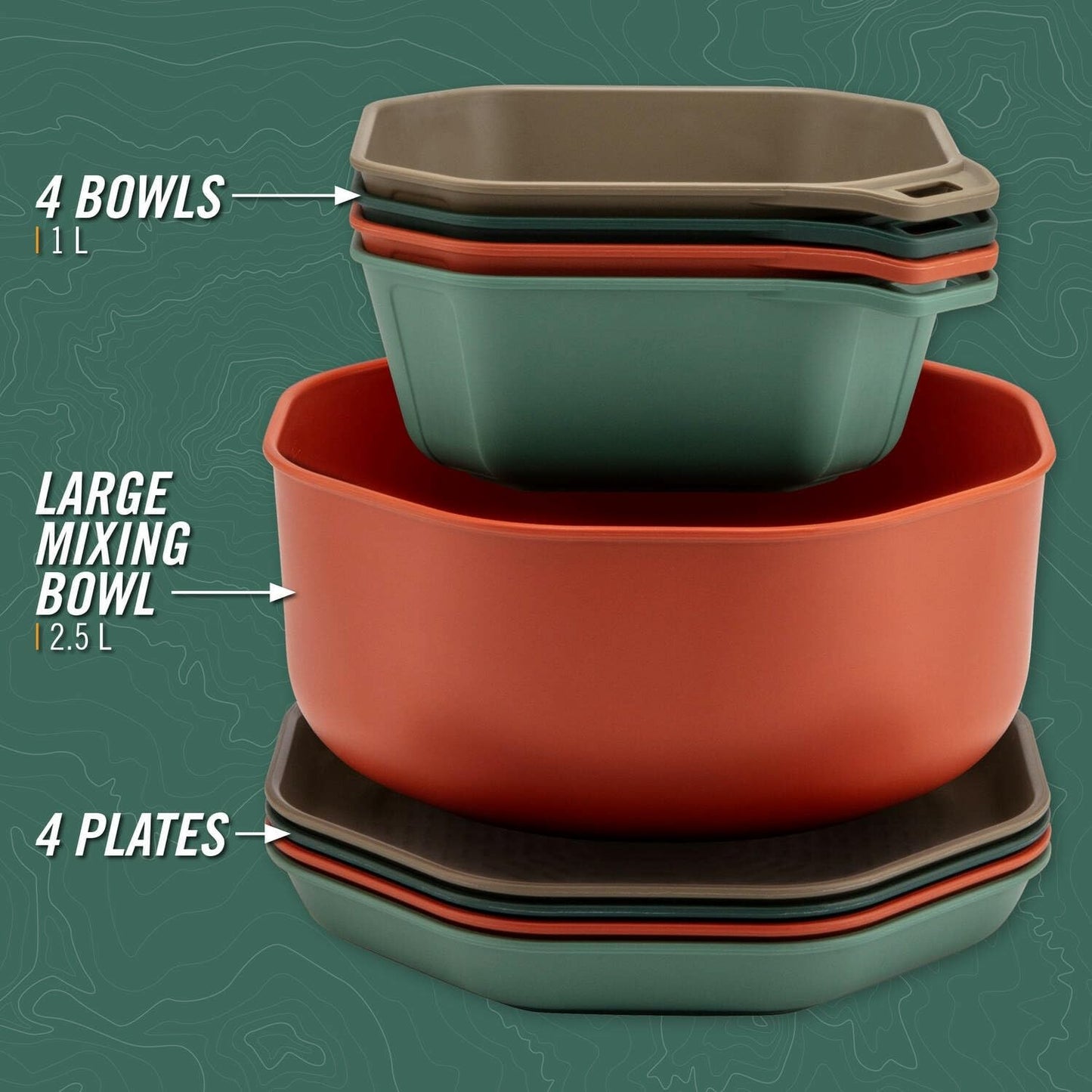 Gerber Gear ComplEAT Tableware Set - Polypropylene Camping Cookware - Portable Outdoor Tableware - 4 Plates, 4 Bowls & 1 Mixing Bowl-Tableware Set