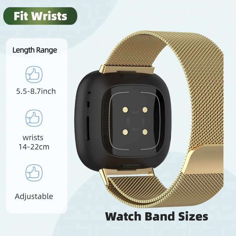 QIEMUTER Band with TPU Case Compatible for Fitbit Versa 3, Stainless Steel Mesh Magnetic Clasp, Adjustable and Breathable Strap for Men and Women (Gold)