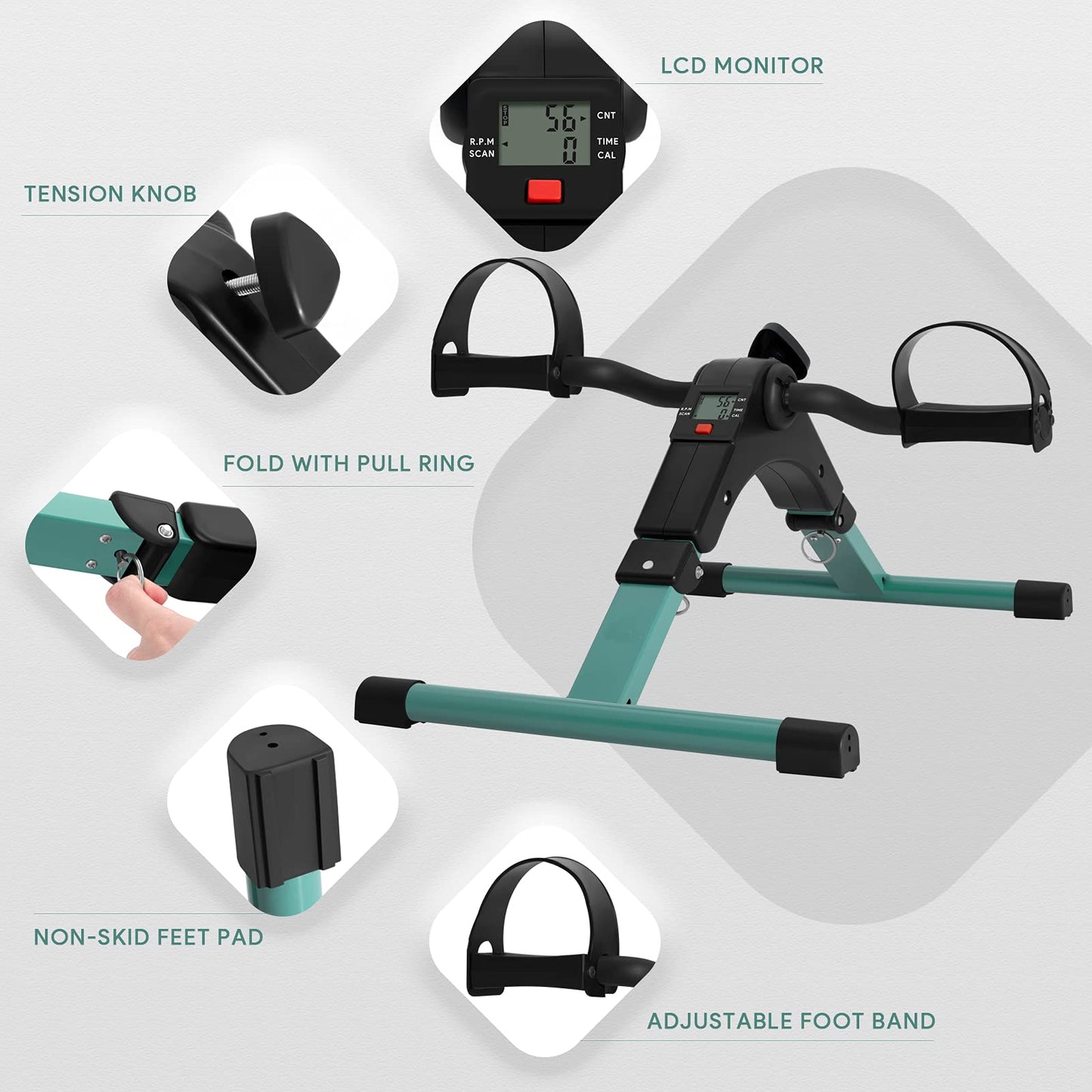 Folding Pedal Exerciser Mini Exercise Bike Portable Foot Peddler Desk Bike Arm and Leg Peddler Machine with LCD Monitor(Green)