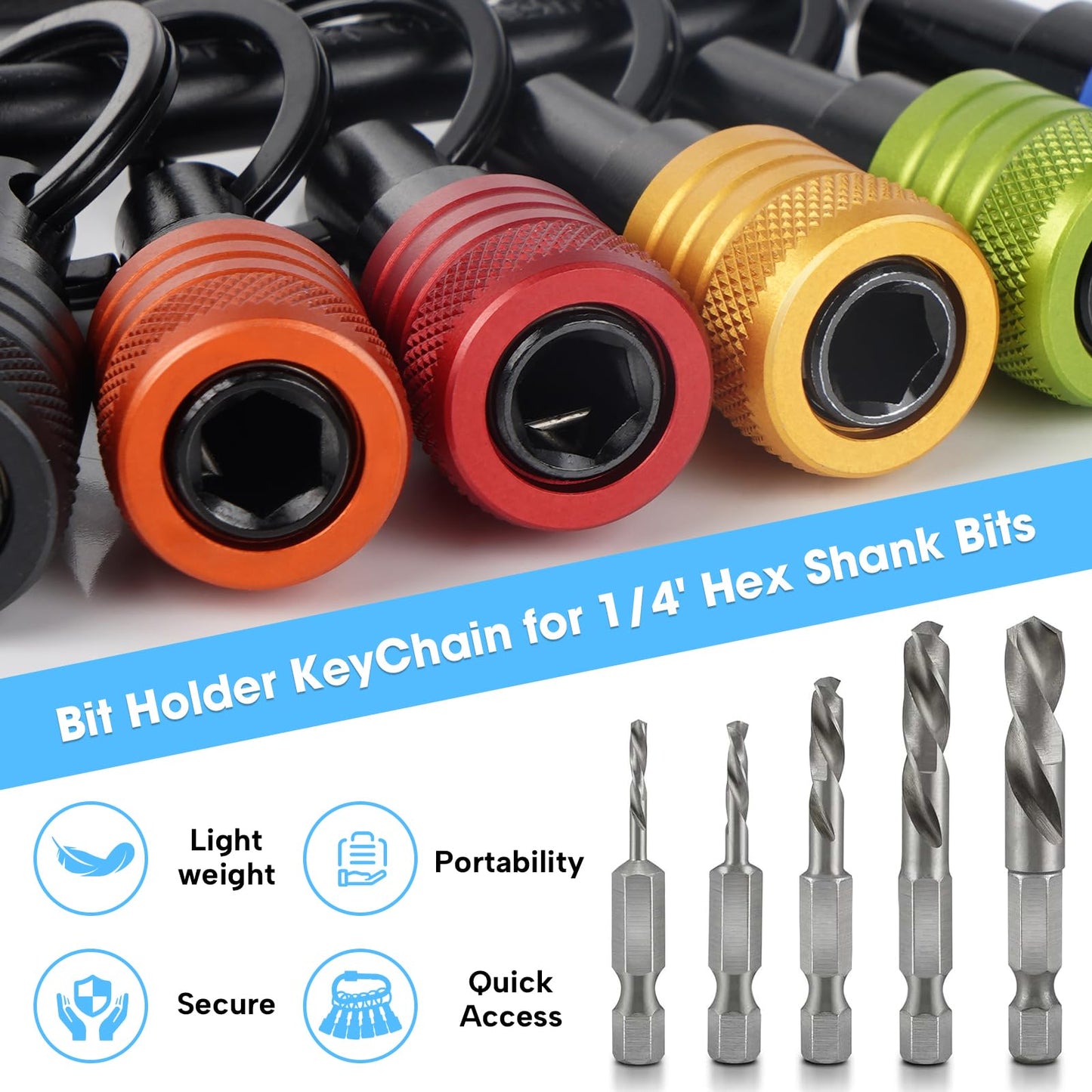 FACAINCXS Upgraded 6PCS Bits Holders Keychain, 1/4 inch Hex Shank Bit Holders, Quick-change Design for Nut Driver, Screwdriver & Drill Bits, Include Keychain Carabiner Gifts for Men (Black)