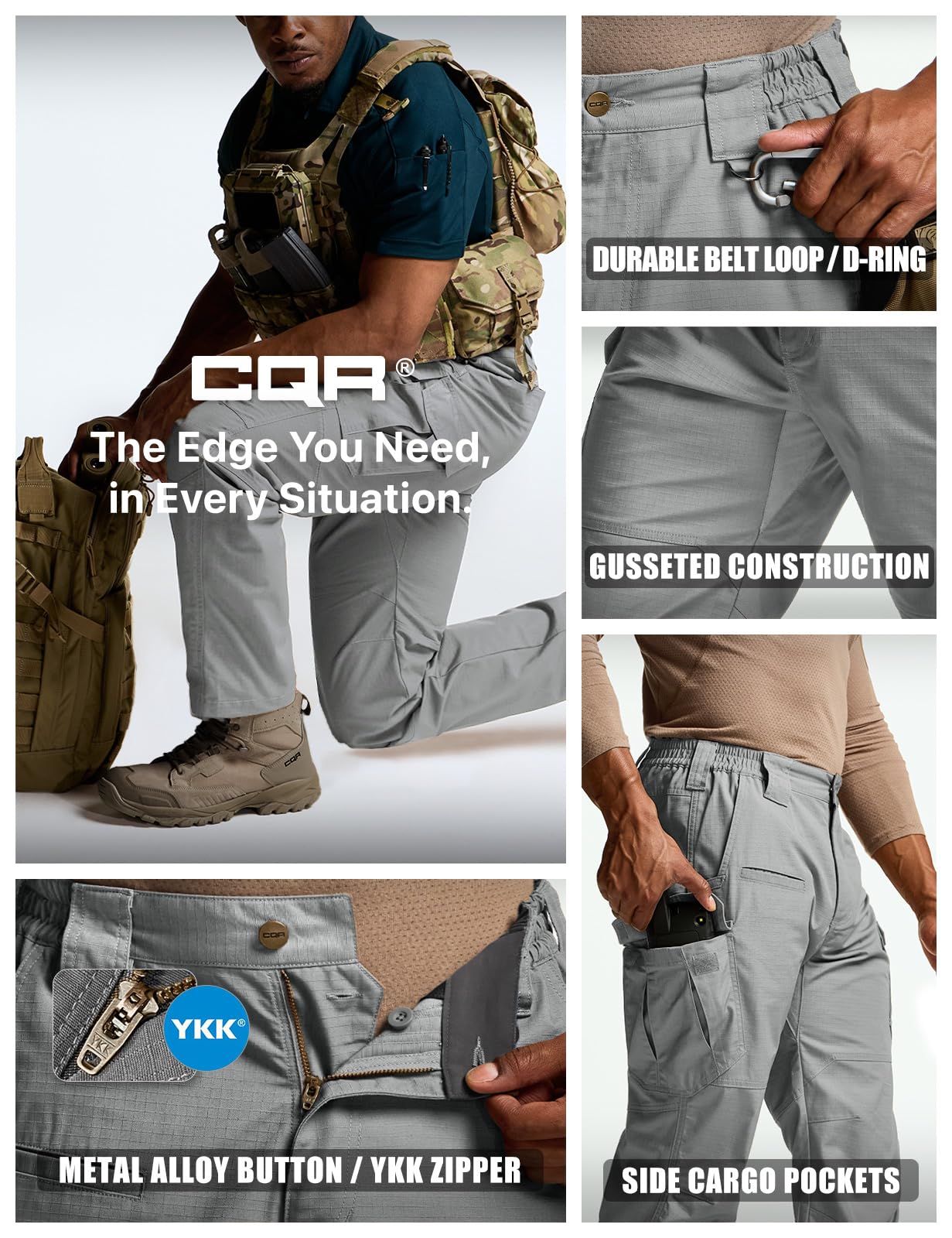 CQR Men's Tactical Pants, Water Resistant Ripstop Cargo Pants, Lightweight EDC Work Hiking Pants, Outdoor Apparel, Raider Mag Pocket Stone, 36W x 32L