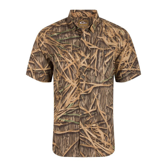Drake Waterfowl Men's 8-Shot Flyweight Breathable Moisture-Wicking Quick-Drying Hunting Featherweight Short-Sleeved Shirt, Original Shadowgrass, Medium