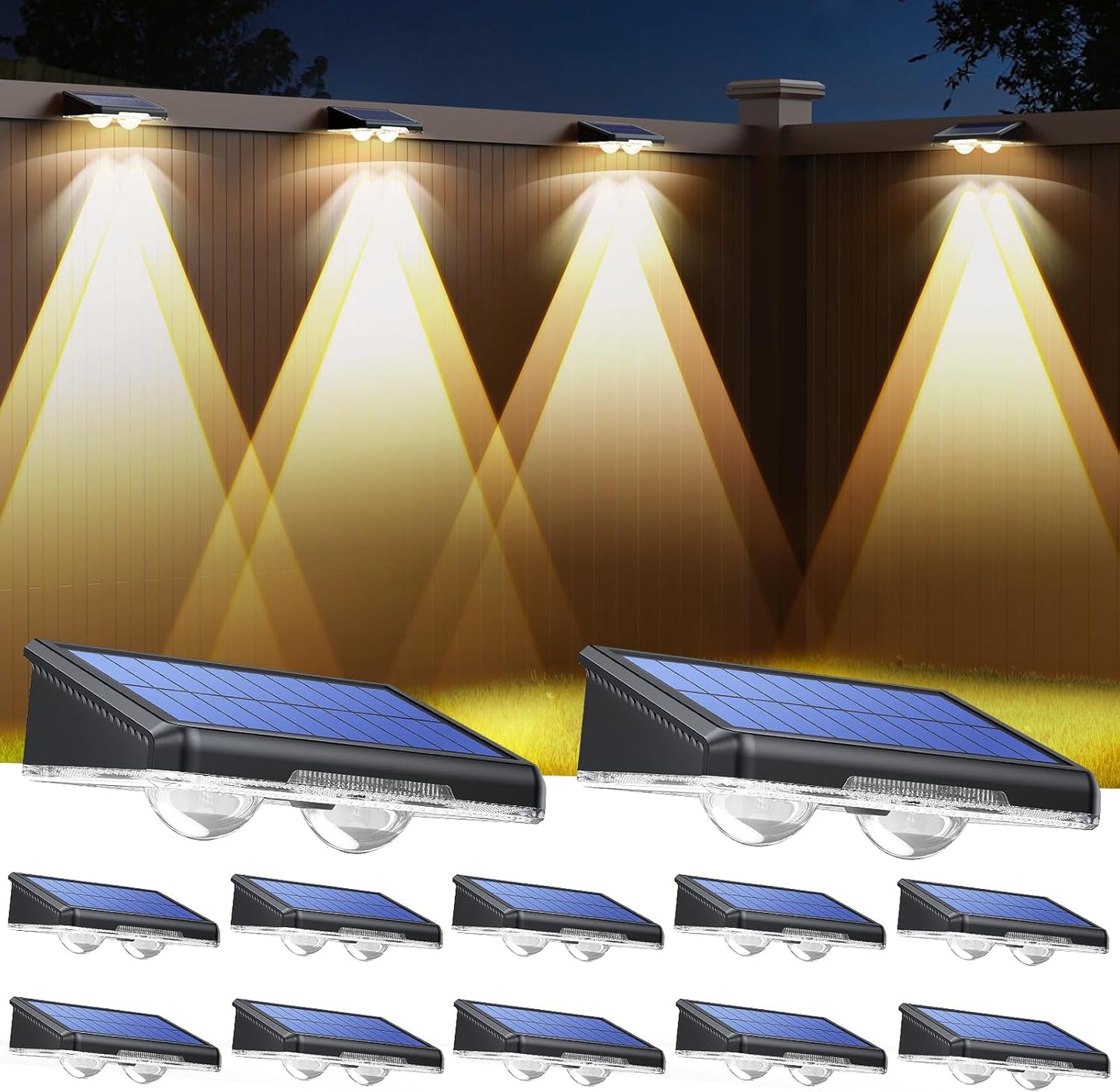 TECKNET Solar Fence Lights - 12 Pack LED Outdoor Lighting, IP66 Waterproof, Warm White & RGB Colors for Deck, Patio, Pool, and Backyard