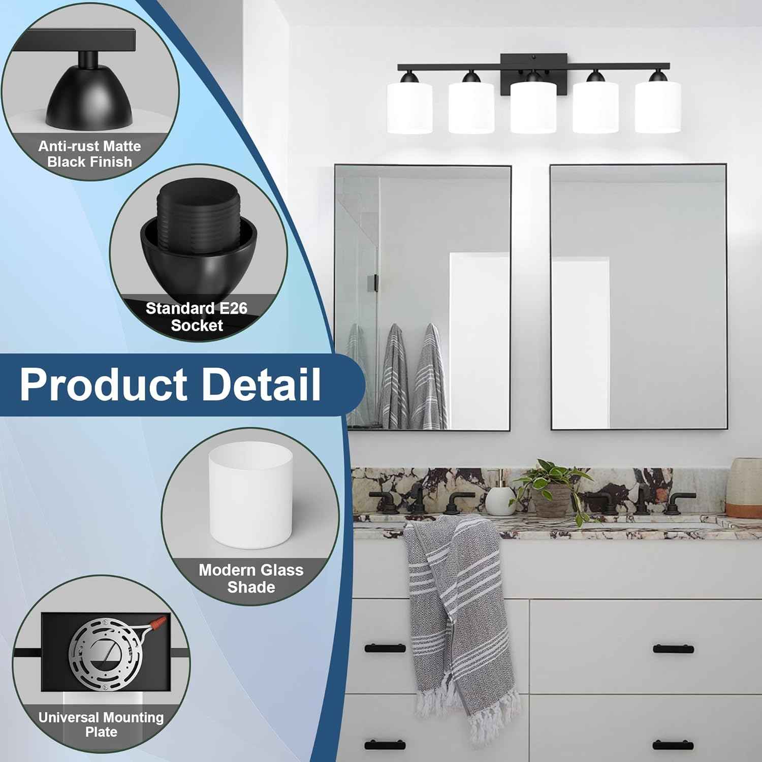 Modern 4-Light Bathroom Vanity Light Fixture - Anti-Rust Over Mirror Sconce with Milky White Glass Shades, E26 Base