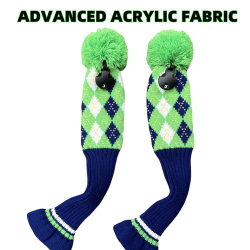 CHILXE 3pcs Knit Golf Headcovers, Driver & 2 Fairway Woods, Green & Blue, Pom Pom, Polyester
