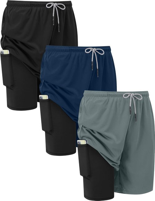 HovSiyla Men's 2-in-1 Running Shorts - Quick Dry Athletic Gym Workout with Zipper Pocket | Lightweight 3 Pack