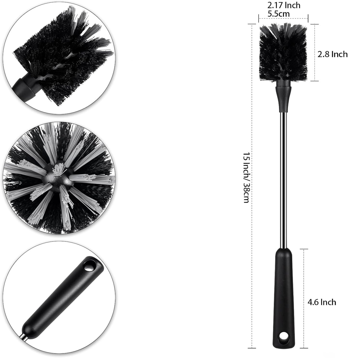 Skiennix Water Bottle Brush - 15-Inch Stainless Steel Handle Cleaner for Cups, Tumblers & Decanters - Black