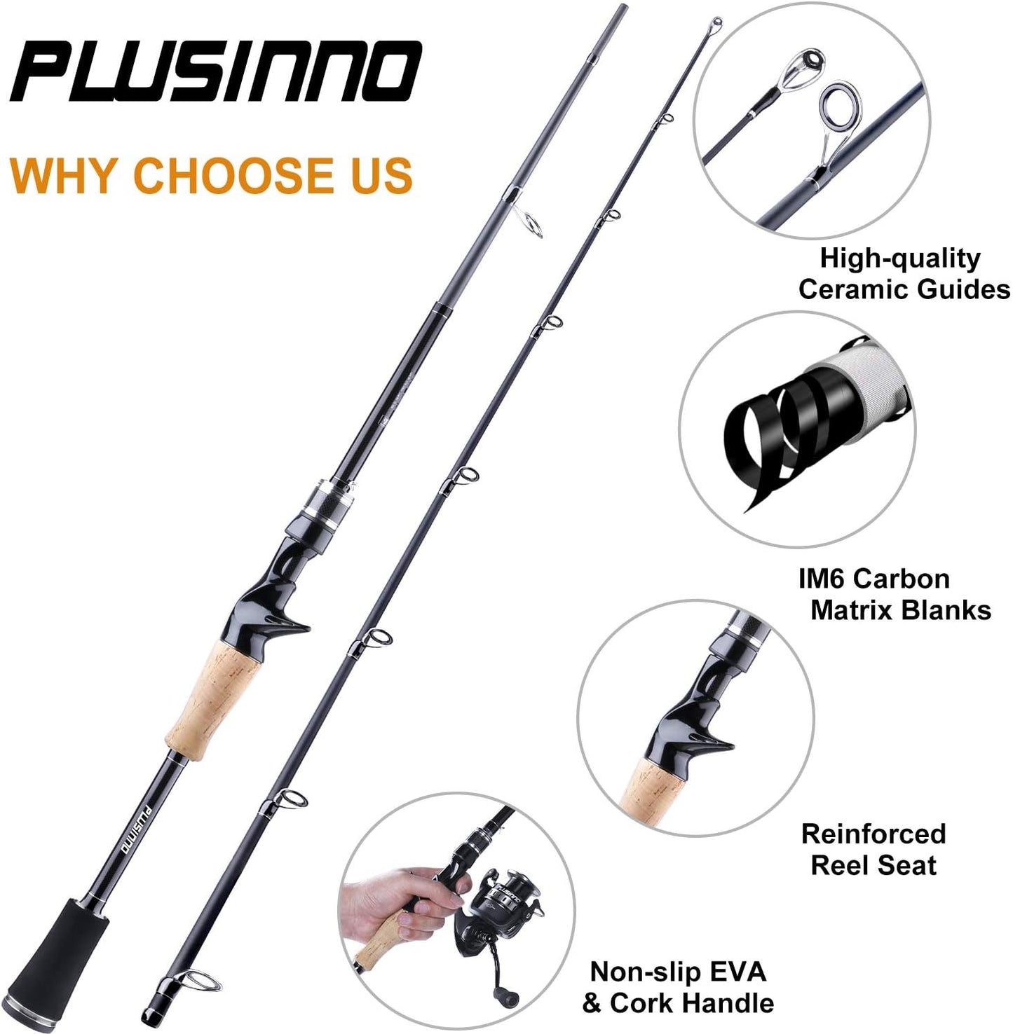 PLUSINNO Elite Hunter Fishing Rod - 7FT IM6 Graphite Spinning & Casting Rod with Stainless Steel Guides | Golden