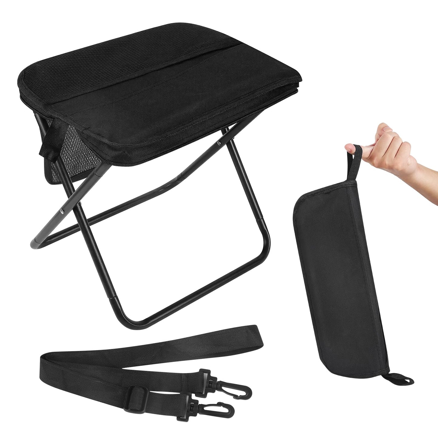 DZ Duozhan Portable Camping Stool - Foldable Backpack Stool 13" with 260lb Capacity, Lightweight Collapsible Stool with Carry Bag & Adjustable Strap for Hiking, Fishing, Beach Outdoor (Black)