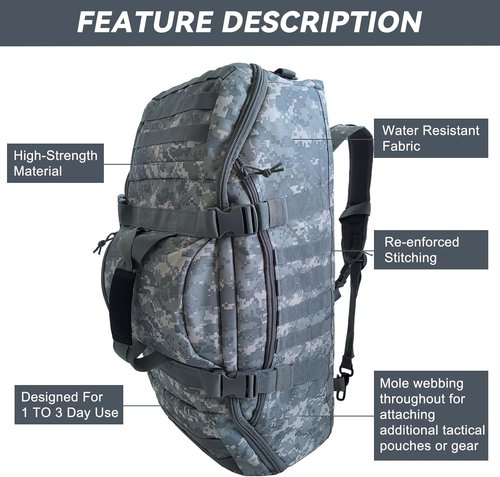 Hannibal Tactical 65L Duffle Bag - 3-in-1 Tactical Backpack with MOLLE System for Sports & Outdoor Activities