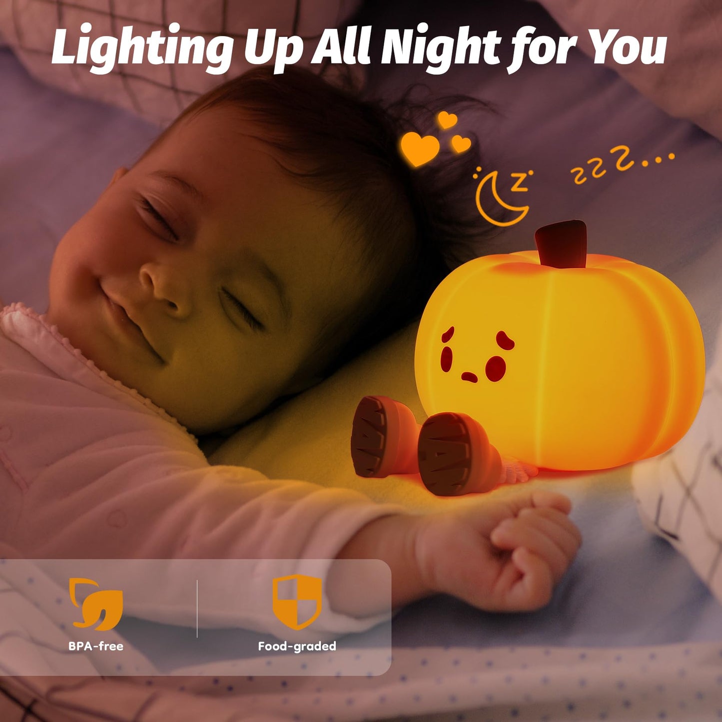 EEKEDO Pumpkin Night Light, Cute Silicone Night Light for Kids, Squishy Touch Nightlight Rechargeable Dimmable for Nursery Lamp for Breastfeeding, Halloween Decor, Office Desk and Kids Room Décor