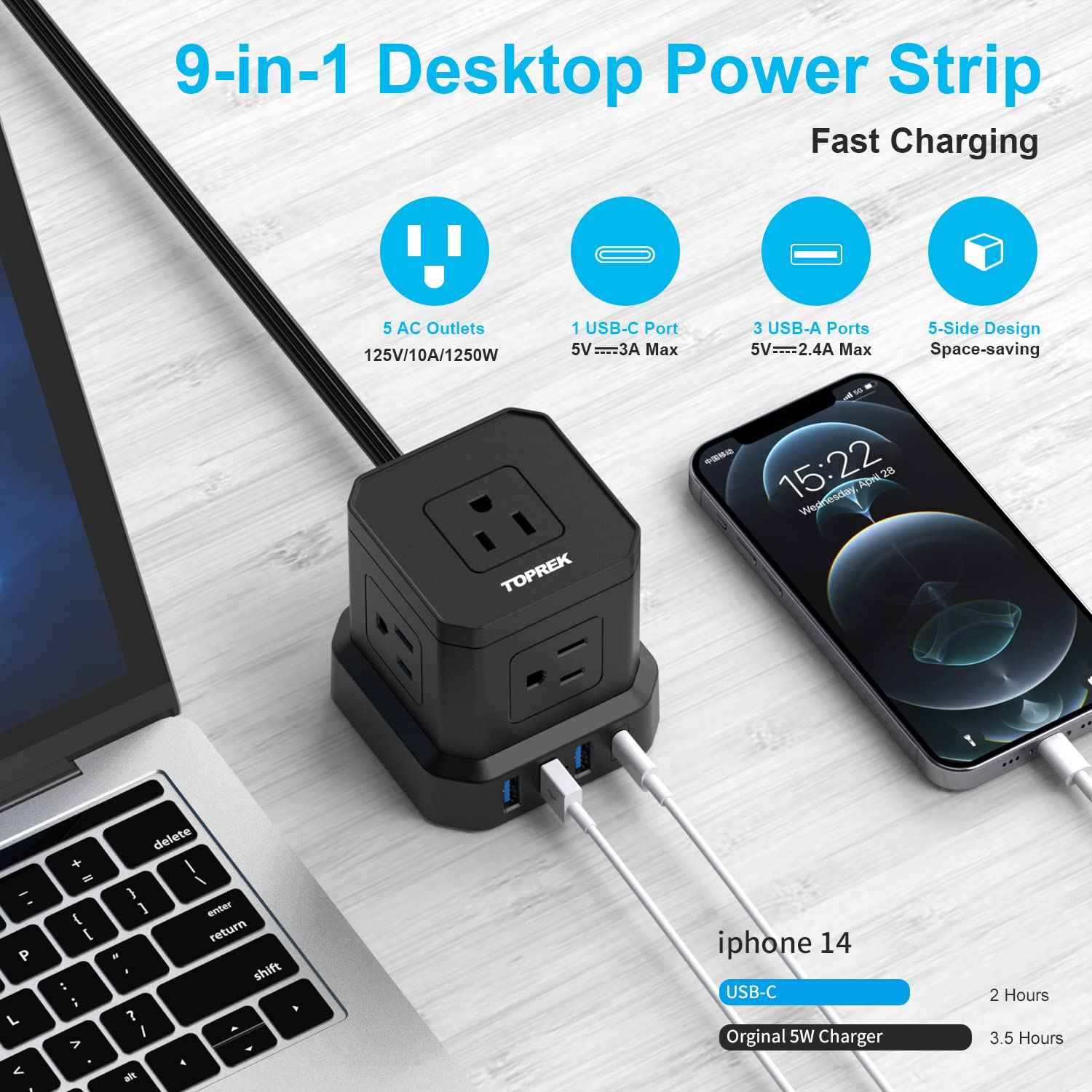 TOPREK Power Strip with USB, USB C (3.0A) Power Strip with 5 Outlets, 1 USB-C & 3 USB-A, 5 FT Flat Extension Cord with Ultra Thin Flat Plug, Surge Protector Compact for Home Office, Dorm, Hotel Travel
