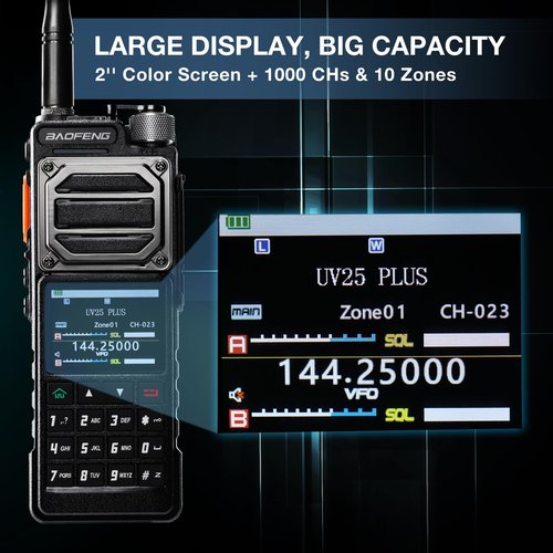 BAOFENG UV-25 PLUS 10W GPS Ham Radio Handheld, Long Range Two Way Radio AM FM NOAA Receiver with 5200mAh Battery USB-C Port, 2" Screen, 1000CH, Fall Detection Alert, Tactical Walkie Talkie for Outdoor