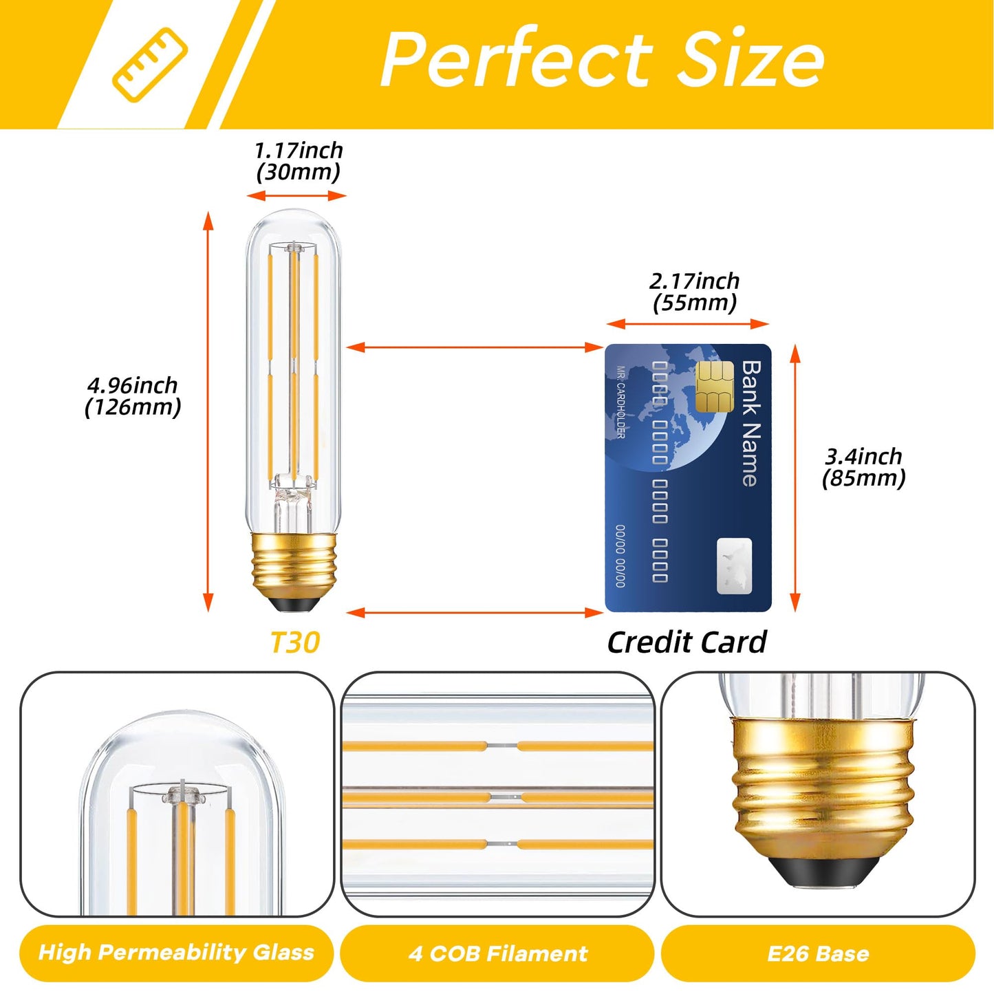 Dimmable E26 T10 LED Bulb Tube Light Bulbs 6W(60W Equivalent),Tubular Light Bulb Type T Long Thin Skinny Light Bulbs for Curio Cabinet,Piano Light,Chandelier,Hutch,2700K Solf White 600LM,2 Pack