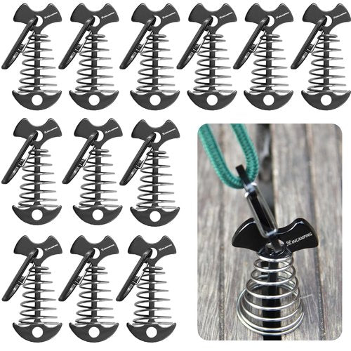 Deck Anchors with Carabiners XINCAMPING 12pcs Aluminum Deck Tie Down Anchor, Fishbone Stake Tent Stakes,Windproof Rope Tighteners & Adjusters for Tents, Canopies, Camping Furniture Black
