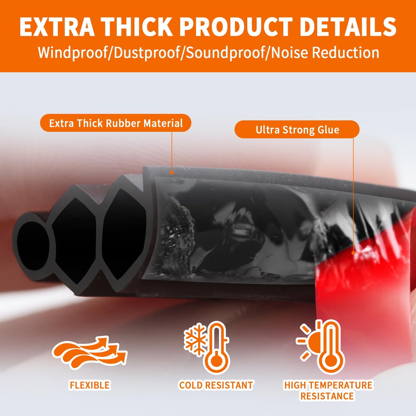 SILIENTWERK 40 Feet Self-Adhesive Rubber Weather Stripping Fits Big Gaps, Extra Thick Rubber Door Weather Stripping Door Seal Strip for Door Frame Door Insulation Strip Waterproof(Black)