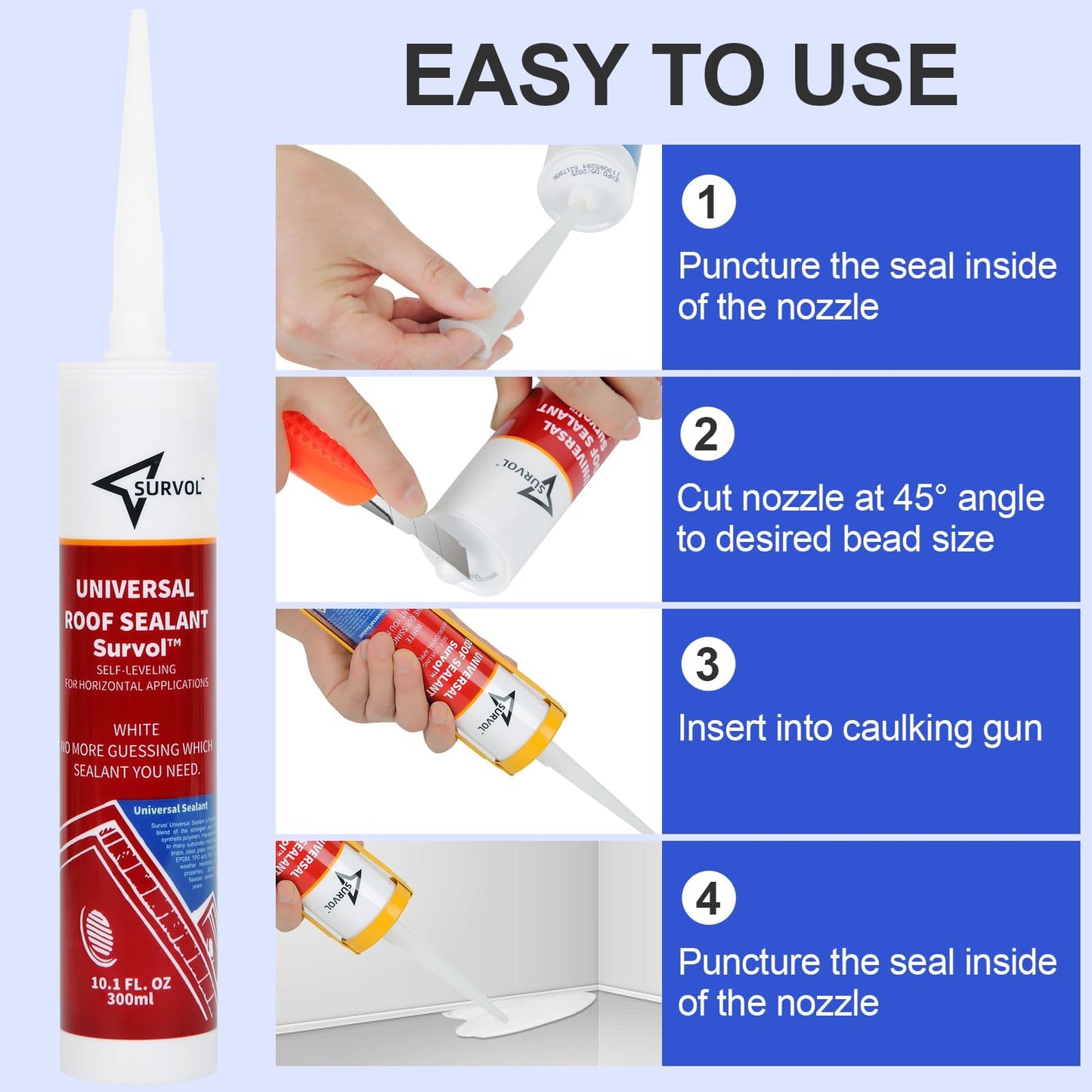 SURVOL RV Roof Sealant, Self-Leveling Lap Sealant - White, 2-Pack, Window, Skylight & Camper Repair, Vertical Surface Caulking
