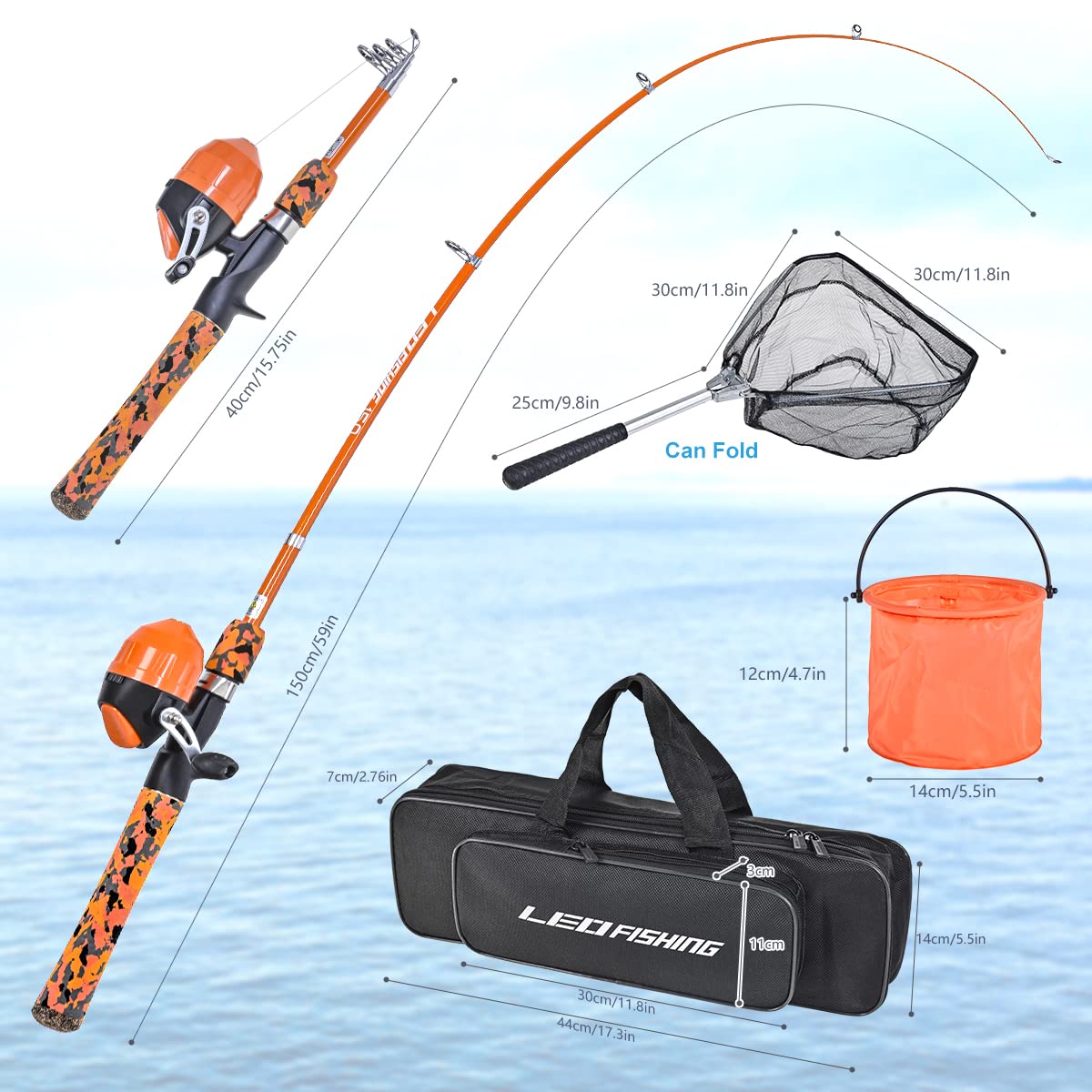 LEOFISHING Kids Fishing Pole Set with Full Starter Kits Portable Telescopic Fishing Rod and Spincast Reel with a Fishing Net and Bucket for Boys Girls and Youth (Orange)