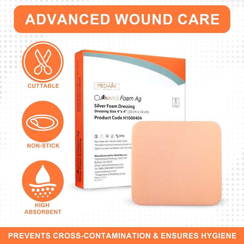 MedVance Silver Foam Ag Sterile Highly Absorbent Dressing with PU Backing, 4"x 4", 5 dressings/Box, 5 Count (Pack of 1)