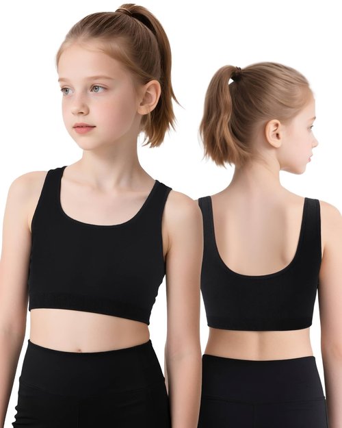iMucci Sports Bra for Girls U-Shaped Training Bra with Removable Pads Scoop Neck for Teens Kids Yoga Sports Dance Bra Black