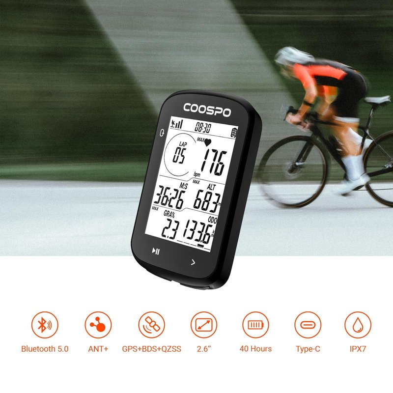 COOSPO CS300 GPS Bike Computer, Wireless Cycling Computer with 2.6 Auto-Backlight LCD Screen, Bluetooth5.0 ANT+ HR/S&C/Power Sensor Compatible, Bicycle GPS Computer for Road/Mountain Bike