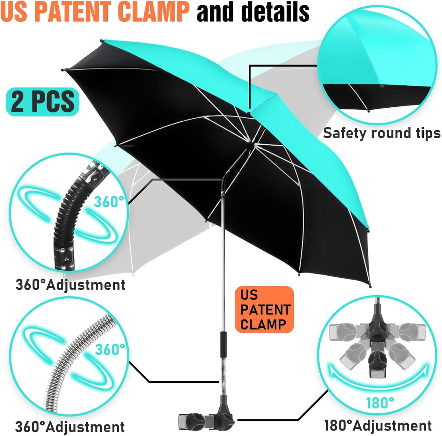 Skiennix Beach Umbrella - 360° Adjustable UPF50+ Sun Protection for Chairs | 2-Pack