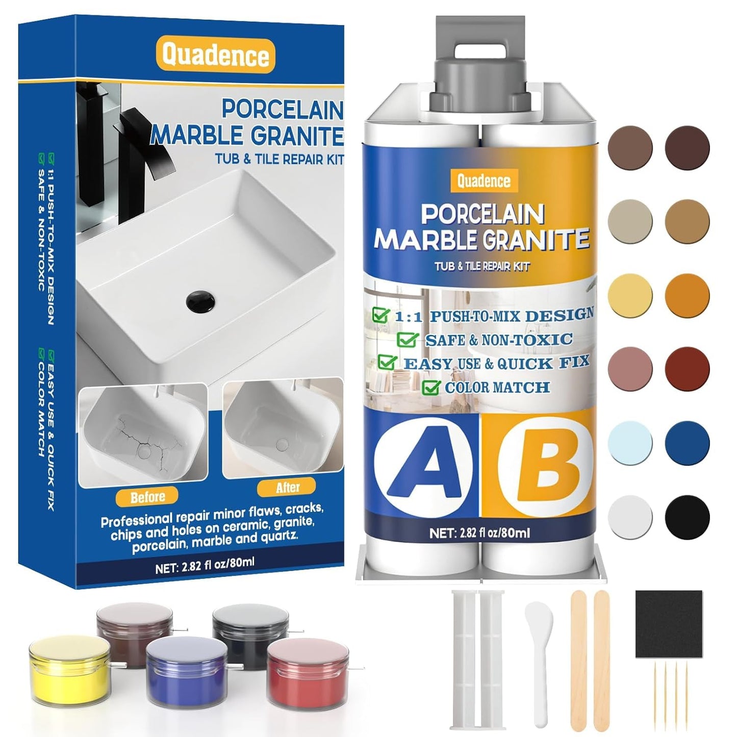 Porcelain Repair Kit, Quadence Waterproof Fiberglass Tub Repair Kit for Porcelain, Enamel, Fiberglass, Acrylic, Ceramic, Fix Chips, Crack, Scratches, Rust, Holes on Tubs, Toilet, Sink, Color Match