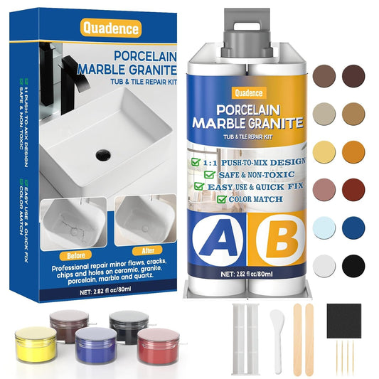 Porcelain Repair Kit, Quadence Waterproof Fiberglass Tub Repair Kit for Porcelain, Enamel, Fiberglass, Acrylic, Ceramic, Fix Chips, Crack, Scratches, Rust, Holes on Tubs, Toilet, Sink, Color Match