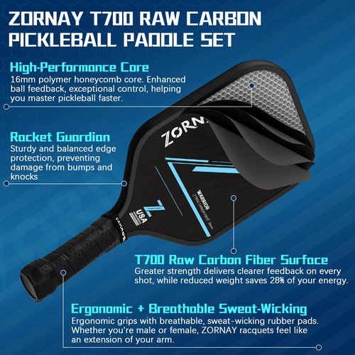 Zornay Carbon Pickleball Paddle, 16mm Professional Power Control Lightweight Raw Carbon Fiber Pickle Ball Paddle, Elongated Wider T700 Pickleball Racket Gift, USAPA Approved