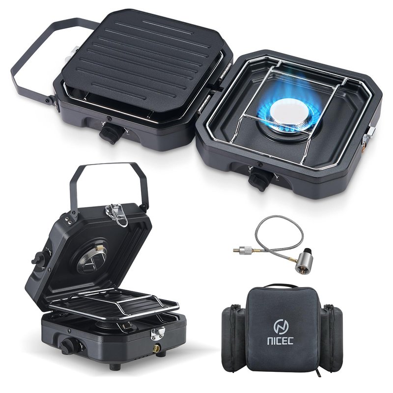 Nice C Camping Stove, Portable Camping Stove Propane, 2 Burner Propane Gas Stove, Mini Propane Grill, 16000 BTU Camp Stove with 2 Burner, Grill & Carry Bag for Camping