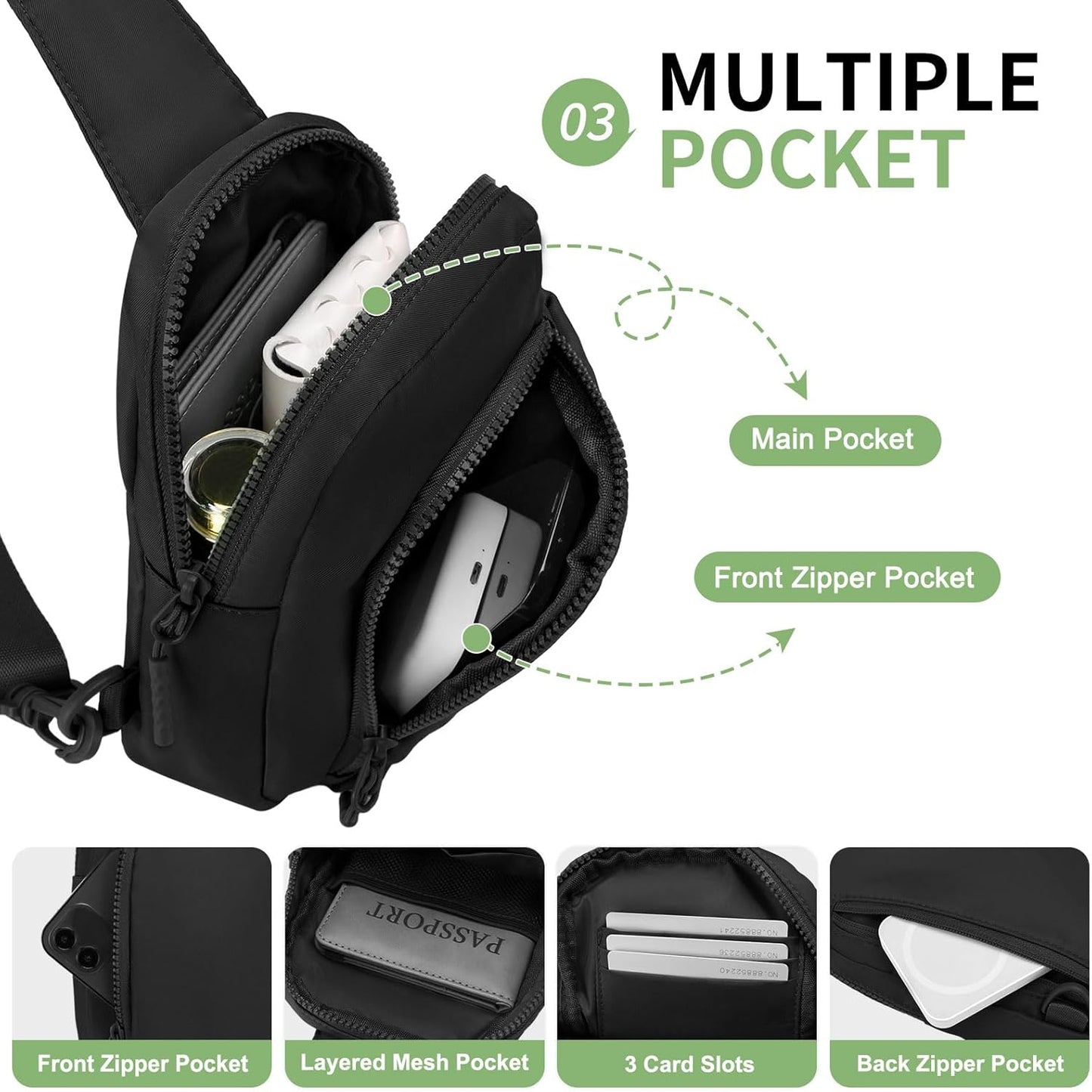 Mini Sling Bag for Men Women, Crossbody Fanny Packs Fits for 6.3" Phone, Reversible Nylon Chest Bag for Travel Running Hiking (Black)