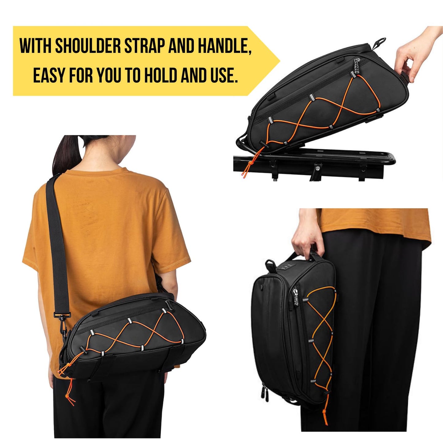 GlneYos Rear Bike Rack bag,Bicycle Trunk Pannier Saddle Seat Bag Bike Accessories with shoulder strap large capacity Waterproof Reflective Bicycle Frame Bag Panniers for riding black