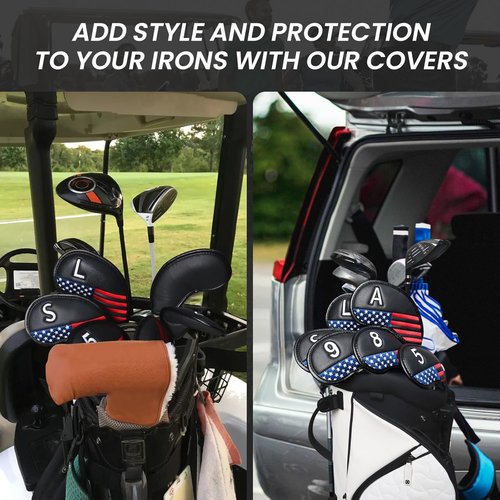 Golf Club Covers Iron Value 12 Pack Stylish Synthetic Leather Headcover, Embroidery Numbers Head Covers Universal Protector Fit Main Iron Wedge Clubs, Accessories Travel for Men Women (USA Flag)