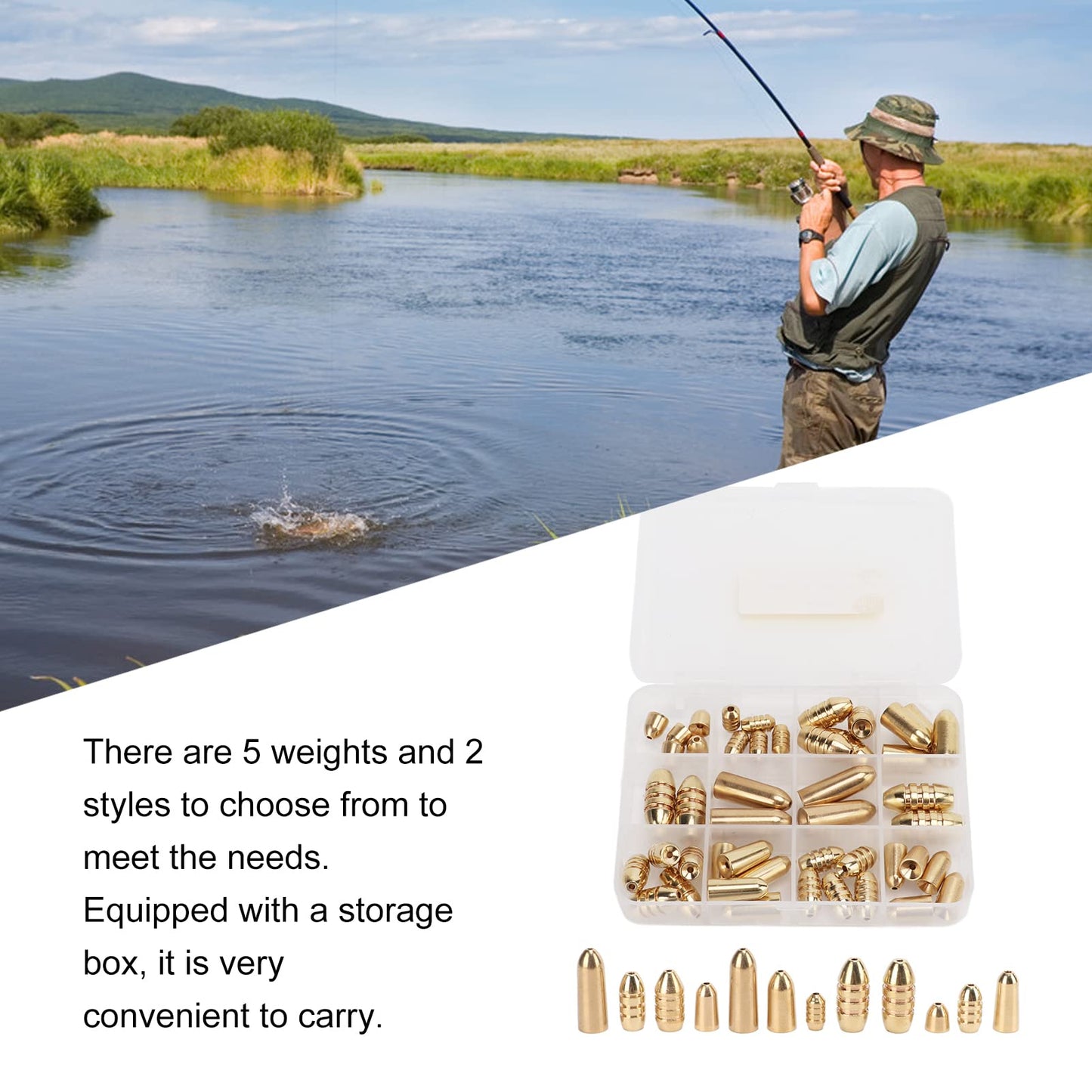 OUKENS Brass Sinkers Weight Kit, 46pcs Fishing Sinker Weights, Tackle Sinkers with Box for Freshwater Saltwater Bass Fishing
