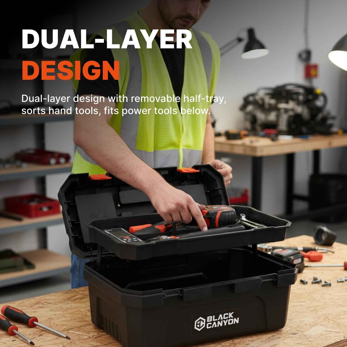 Black Canyon 17 Inch Plastic Tool Box, Support up to 44 lbs, w/Handle, Polypropylene, Dual-Layer Design, Flexible for Stacking, Top-Lid Storage, Ideal for DIY, Workshop, Job Site Organization