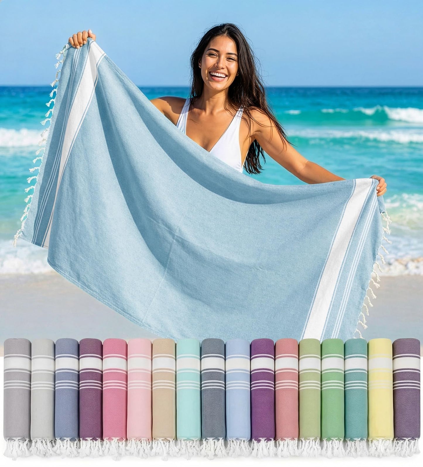 LANE LINEN Turkish Beach Towel, Oversized Beach Towel 39"x71", Lightweight Beach Essentials for Women, Large Pool Towel, Absorbent & Quick Dry, Sand Free Beach Towel - Sky Blue