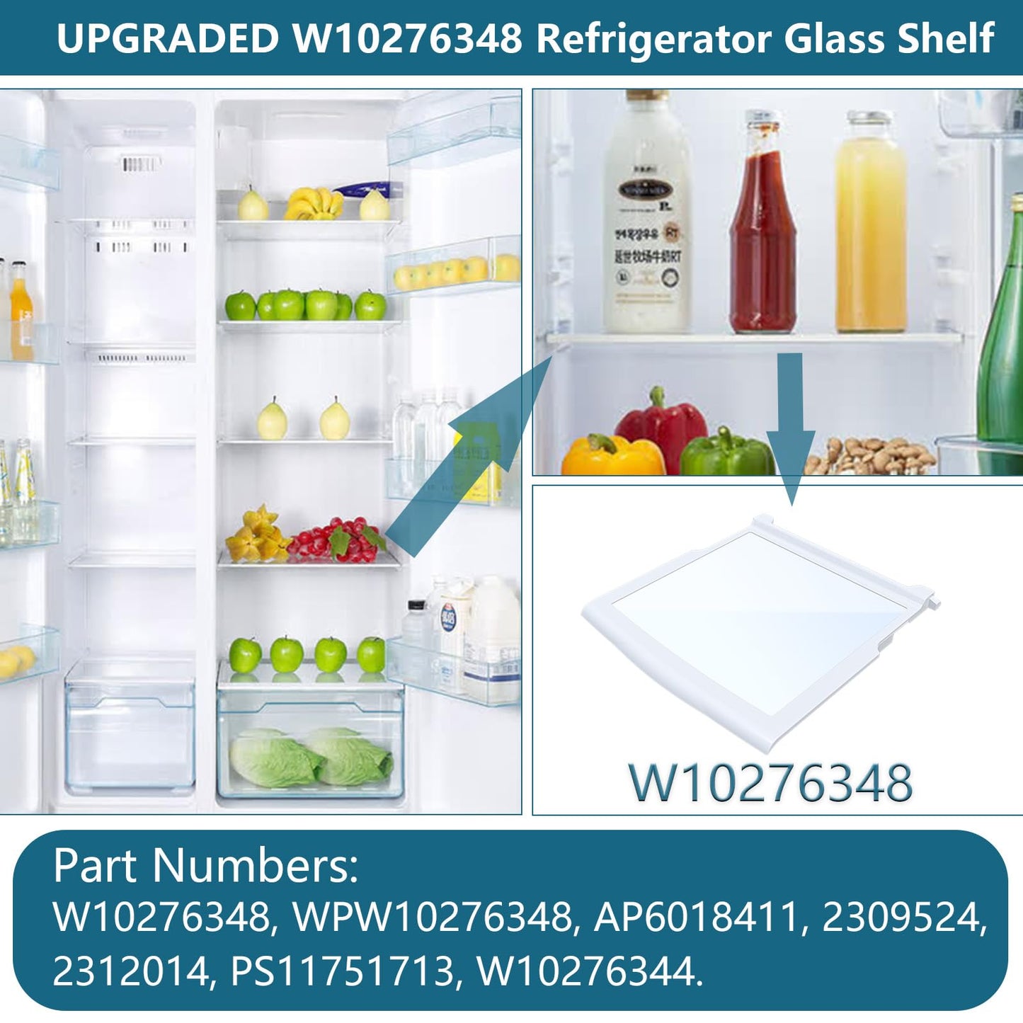 UPGRADED WPW10276348 W10276348 Glass Shelf Compatible with Whirl pool, Ken more Refrigerator W10276344, PS11751713, 2312014, 2309524,AP6018411, 2 Pack
