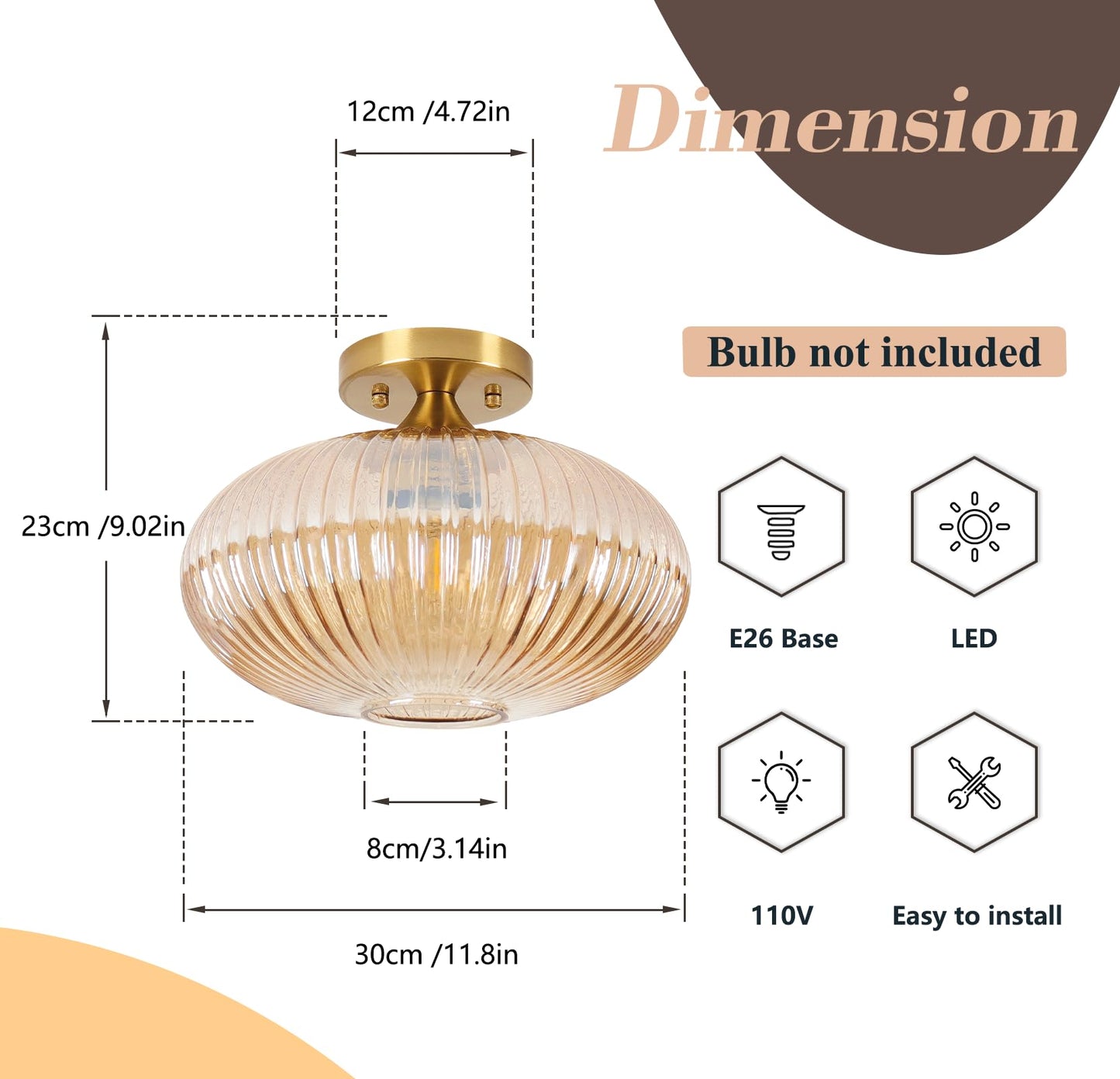 JERANDO Gold Semi Flush Mount Ceiling Lights, Vintage Globe Glass Hallway Light Fixtures, 11.8" Amber Glass Ceiling Lighting E26 Base Indoor Lamp for Closet, Hallway, Kitchen, Dining Room