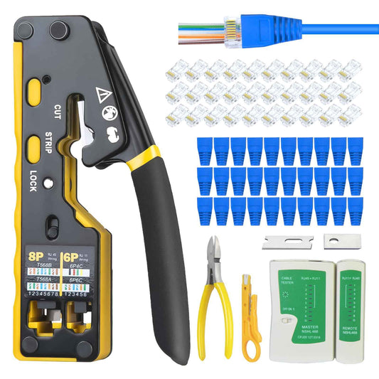 Anyongora RJ45 Crimp Tool Kit with Replaceable Blade & Wire Cutter, Pass Through Ethernet Crimper for Cat7 Cat6 Cat5, Complete Network Tool Set with Cable Tester, 30Pcs Connectors