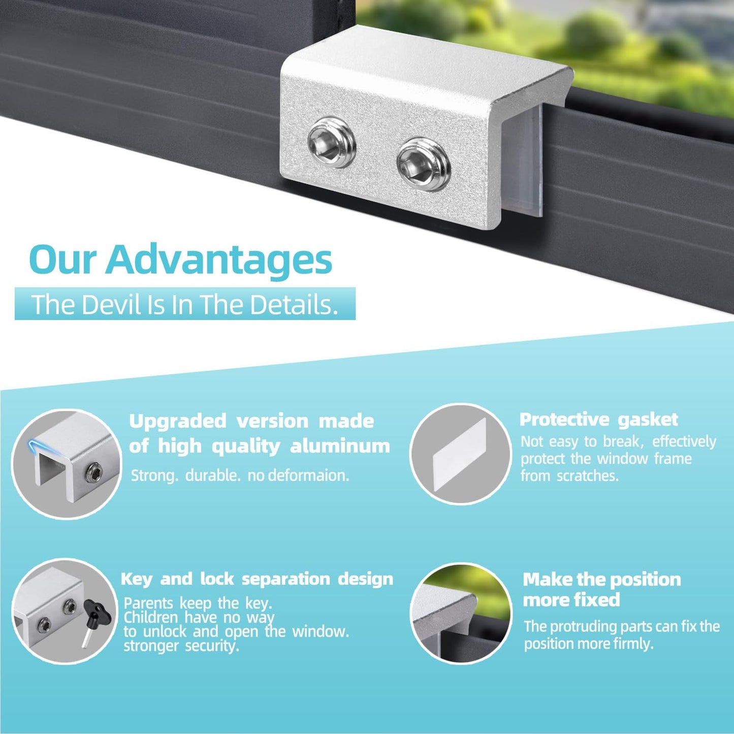 PINGXNG Window Locks for Up and Down Windows 4 Pack Window Stopper Sliding Window Lock for Vertical Horizontal Sliding Windows Doors with Key Aluminum Window Security Locks Child Proof(Silver Medium)