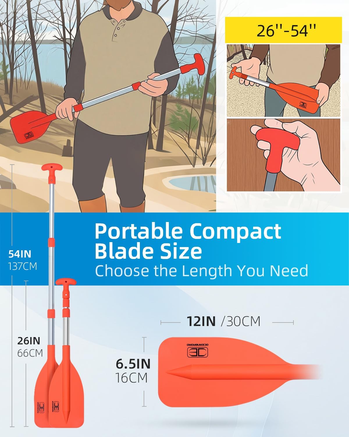 OCEANBROAD Telescoping Emergency Paddle - Adjustable 21'' to 42'' | Durable Aluminium Shaft for Kayaking & Canoeing